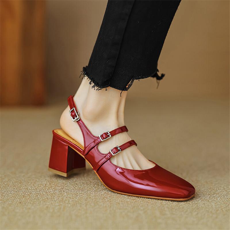 Fashion Summer Sandals Mary Jane Shoes Square Toe High Heels Cover Toe Back Strap Roman Sandals for Women Split Leather Women Sandals
