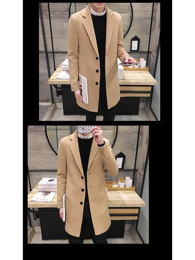 Męski wełniany płaszcz trenczowy slim fit w stylu koreańskim - Średniej długości, modny i przystojny strój jesienno-zimowy