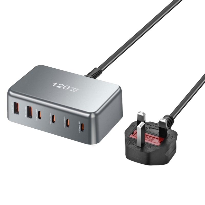 PD120W 4C2A Desktop Charger 4USB C 2USB A Port Fast Charging Hub Power Adapter for Multiple Devices ABS Housing