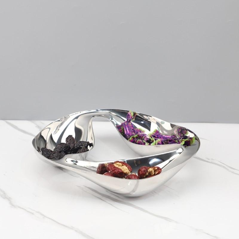 Treat Serving Bowl with Flowing Shallow Profile, Silver-Tone Metal Candy Dish for Dried Fruit, Afternoon Tea, Coffee Tables and Guest Gatherings