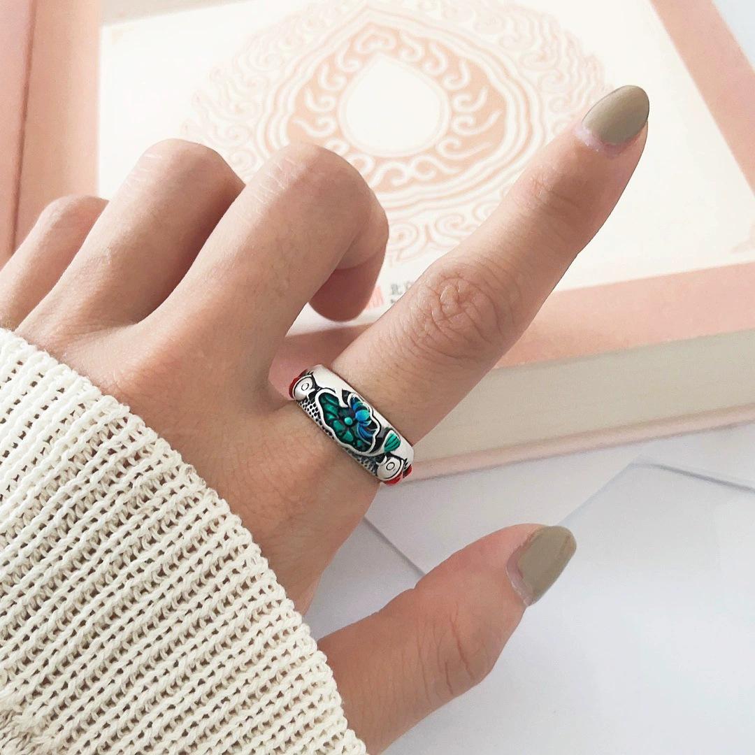 

2023 Этнический стиль Рыбы Лотос Праджняпарамита Сердечная сутра Регулируемое женское кольцо