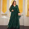 Damen Übergröße Pailletten Blumen Abendkleid mit Laternenärmeln und V-Ausschnitt