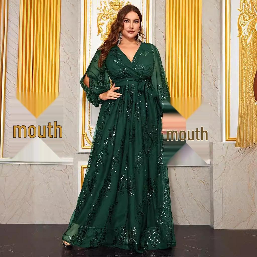 Damen Übergröße Pailletten Blumen Abendkleid mit Laternenärmeln und V-Ausschnitt
