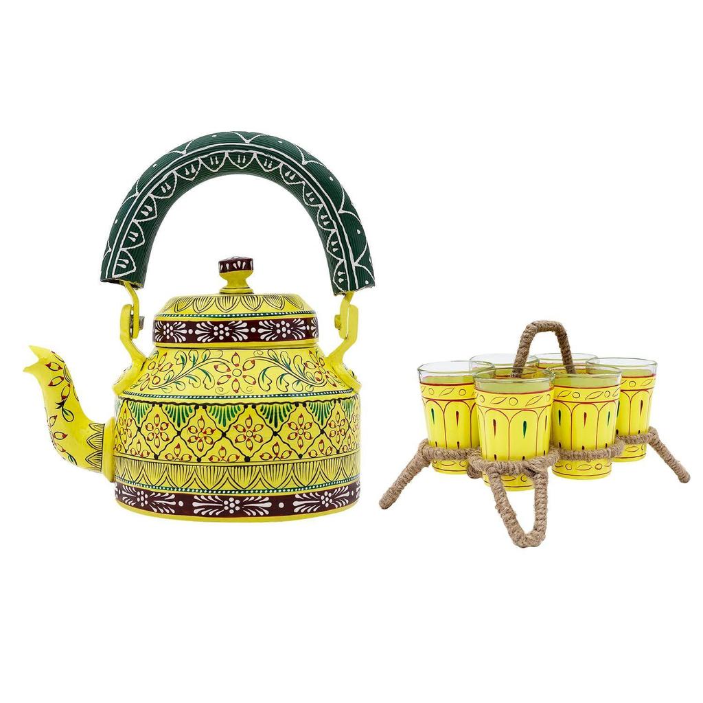 Handcrafted & Handpainted Multicoloured Aluminium Tea Kettle Pot and 6 Glasses with Stand (Yellow, Green, Brown)