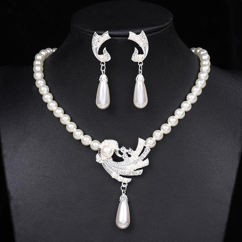 Elegant Pearl and Alloy Floral Jewelry Set: Water Drop Necklace & Earrings for Women