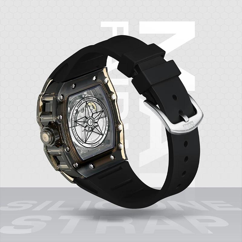 Mark Fairwhale Herren S Automatische Mechanische Skelettuhr Transparentes Design Acrylgehäuse 43mm Gummiarmband Wasserdicht Leuchtend