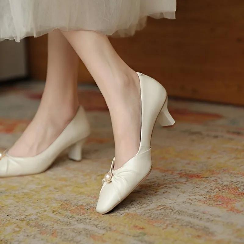 Shallow Apricot Women's Shoes Thin Heels Pearl Square Toe with Medium Pleated Ladies Footwear Shoe Casual Popular Fashion Young