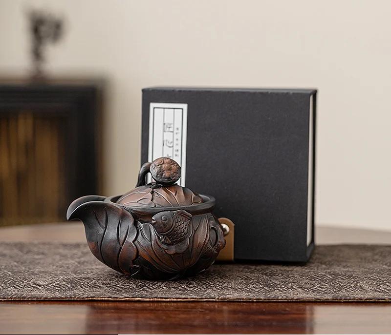 

Purple Pottery Carved Teapot Hand-painted Retro Relief Home Kung Fu Tea Set with Gift Box Tea Pot Set