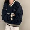 V-Neck Baseball Sweatshirt Loose Fit Long Sleeve Autumn Fashion Casual Comfortable Streetwear Style
