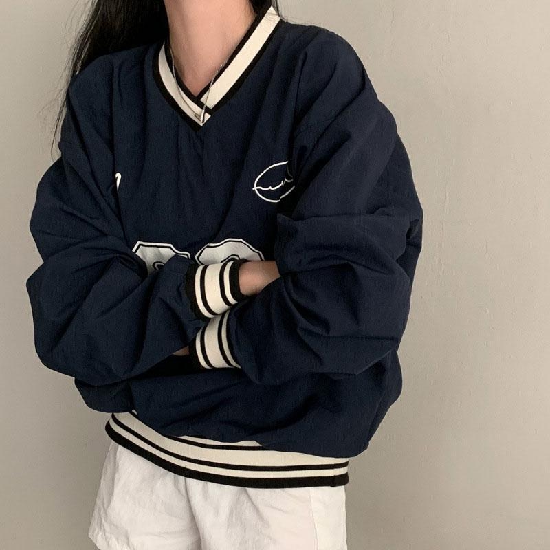 V-Neck Baseball Sweatshirt Loose Fit Long Sleeve Autumn Fashion Casual Comfortable Streetwear Style