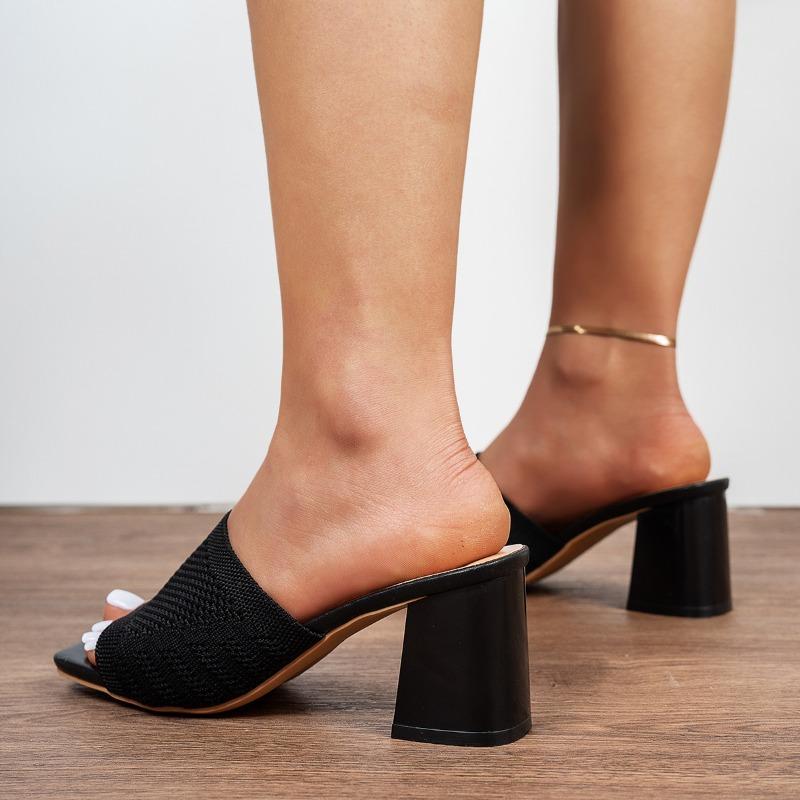 Flying Woven High-heeled Slippers Women's Summer New Large-size Square-headed Thick-heeled Lazy Open-toed Cool Slippers