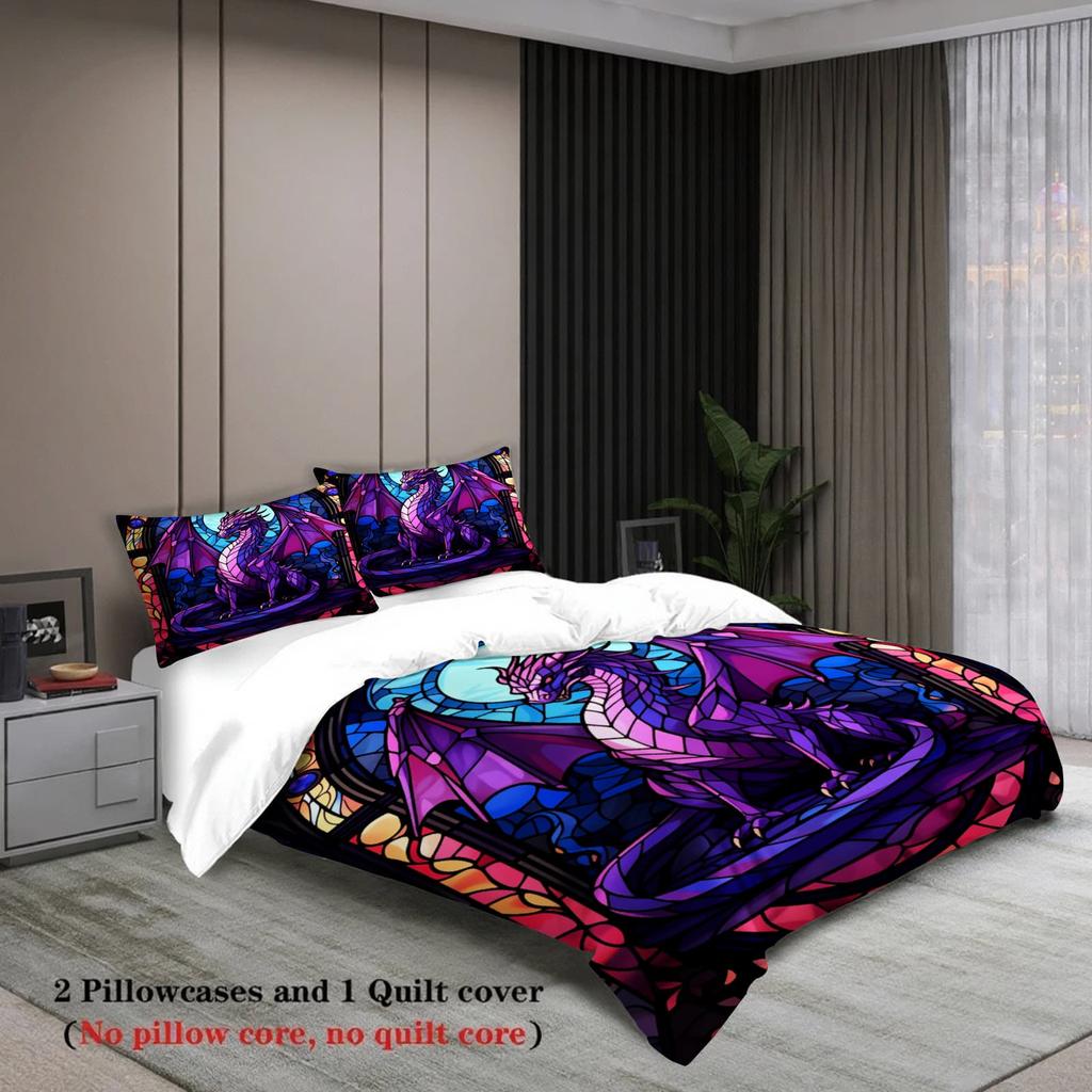 3pcs Stained Glass Purple Dragon Print Duvet Cover Set – for Kids Gift 100%Polyester, Soft, Breathable for Bedroom Decoration