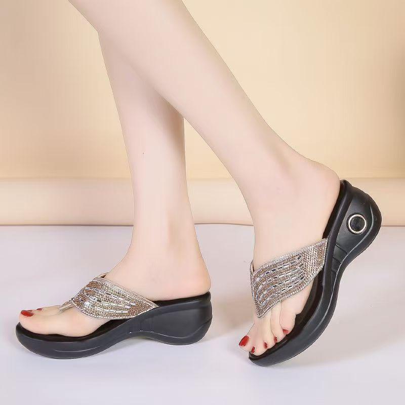 Women Wedges Rhinestone Flip Flop Slippers Summer New Thick Sole Lightweight Fashionable Outdoor Modern Slippers Sandals