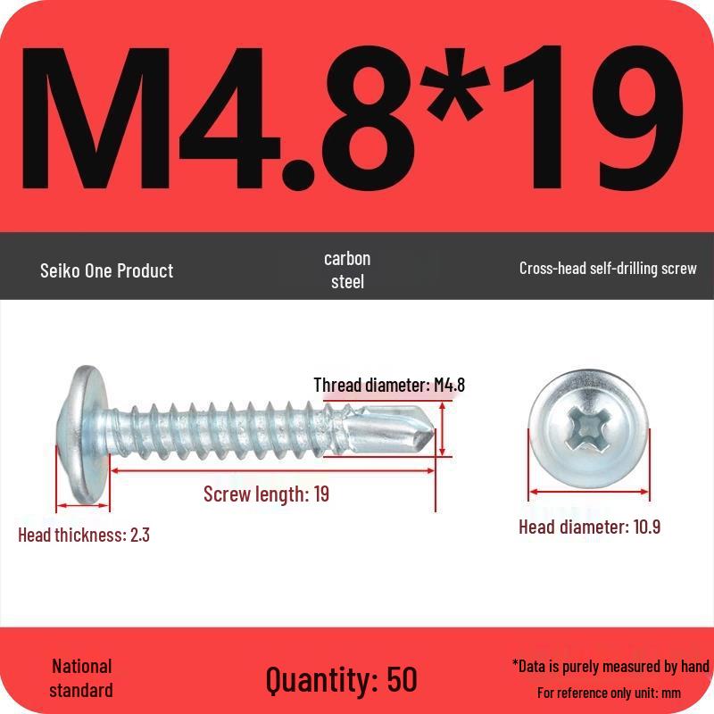 Galvanized Carbon Steel Cross-Head Round Screw with Washer, Flat Head, Self-Tapping & Self-Drilling Fishtail Design