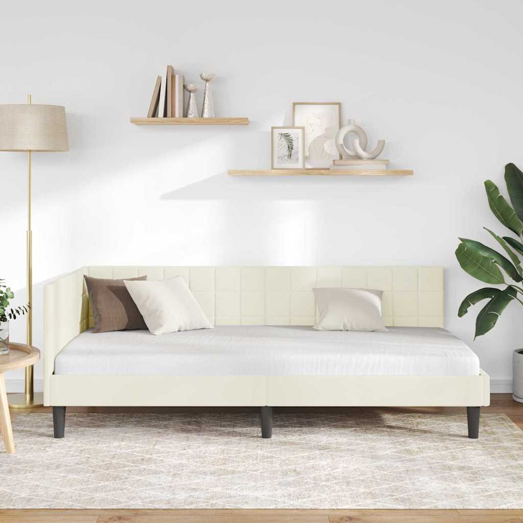 L Shaped Bed Frame with Headboard Cream Color 90 Cm X 190 Cm Velvet