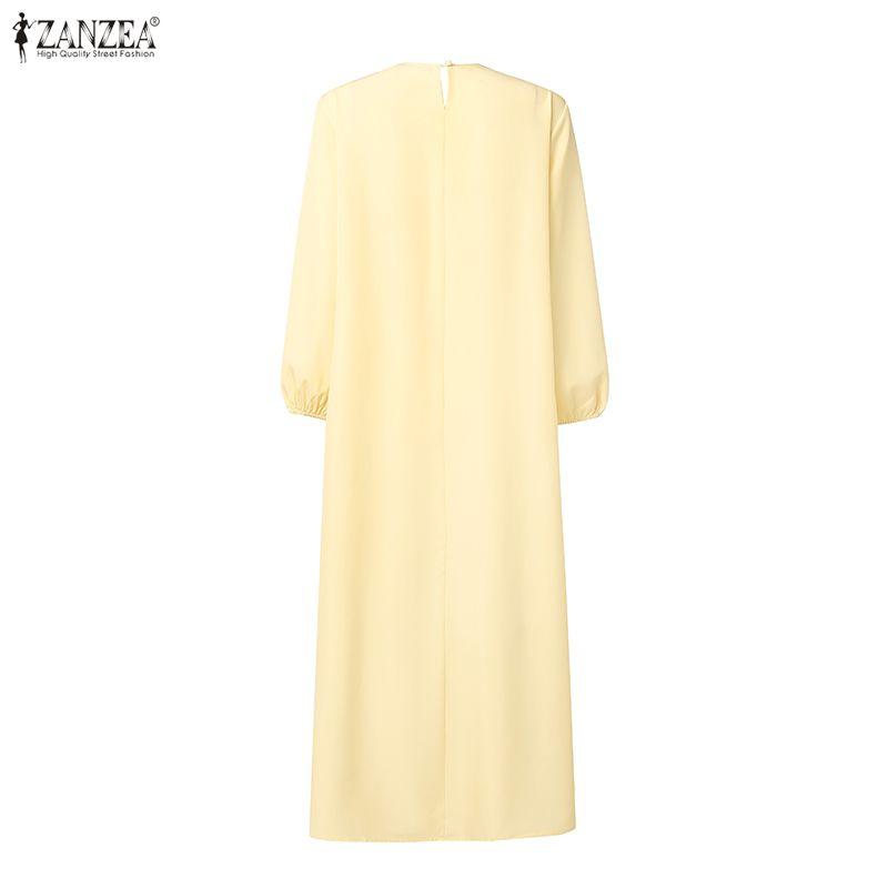 ZANZEA Women Hollow Splice Loose Casual Round Neck Long Sleeve Vintage Dress