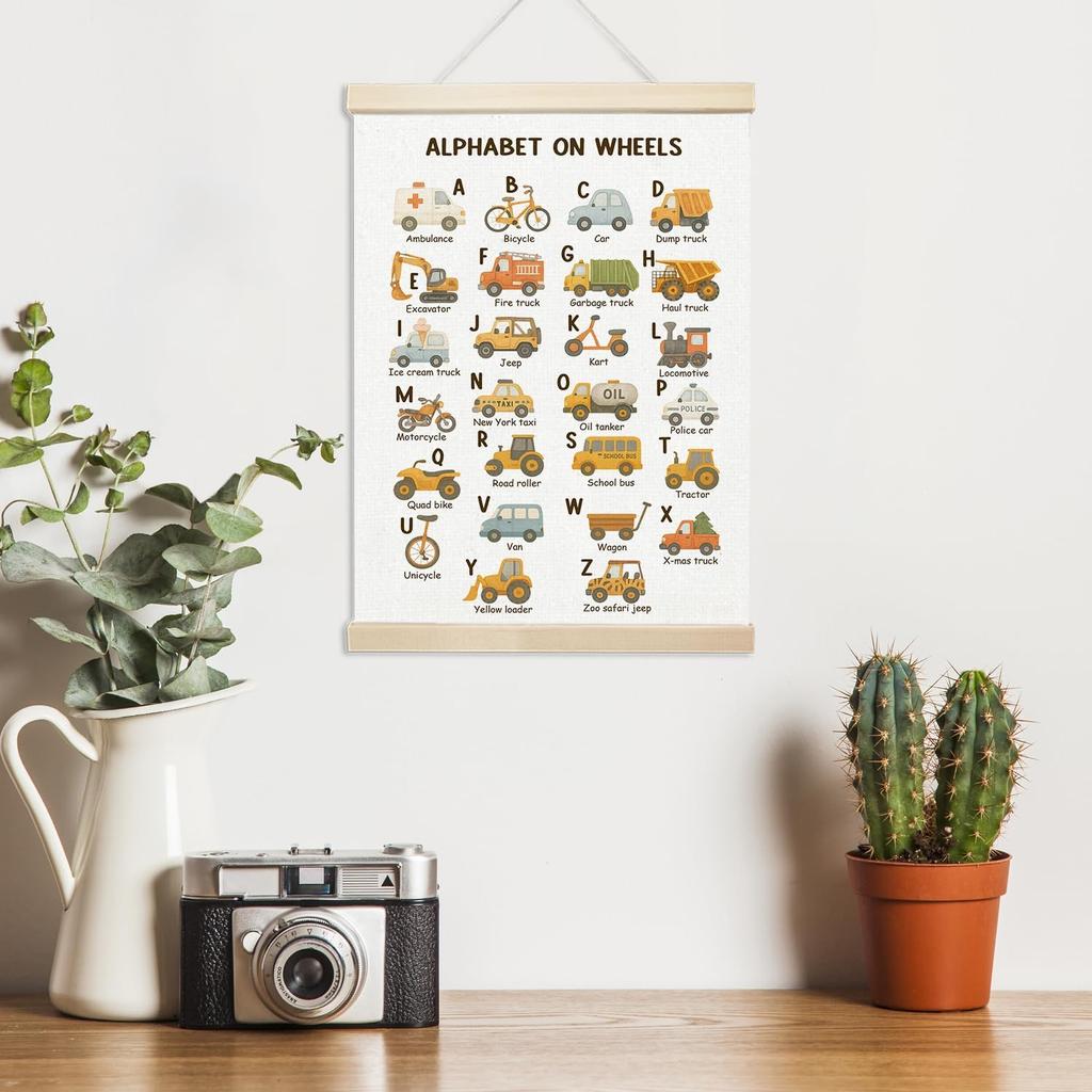Voxitura Car Alphabet Poster Hanger Frame, Nursery Traffic Wall Decor Art Canvas for Playroom Kids Toddler Boy Room Classroom, Cute ABC Prints for