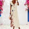 Women Plus Size V Neck Short Sleeve Beige Printed Loose Maxi Dress