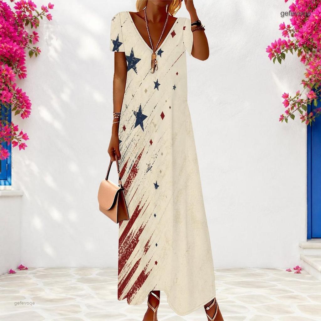 Women Plus Size V Neck Short Sleeve Beige Printed Loose Maxi Dress