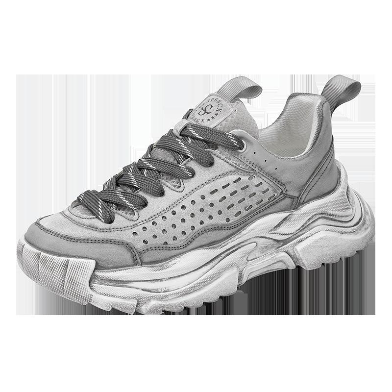 

Men s shoes 2024 summer new leather surface breathable hollow casual sports shoes thick sole heightening retro old dad shoes 44 сірий колір