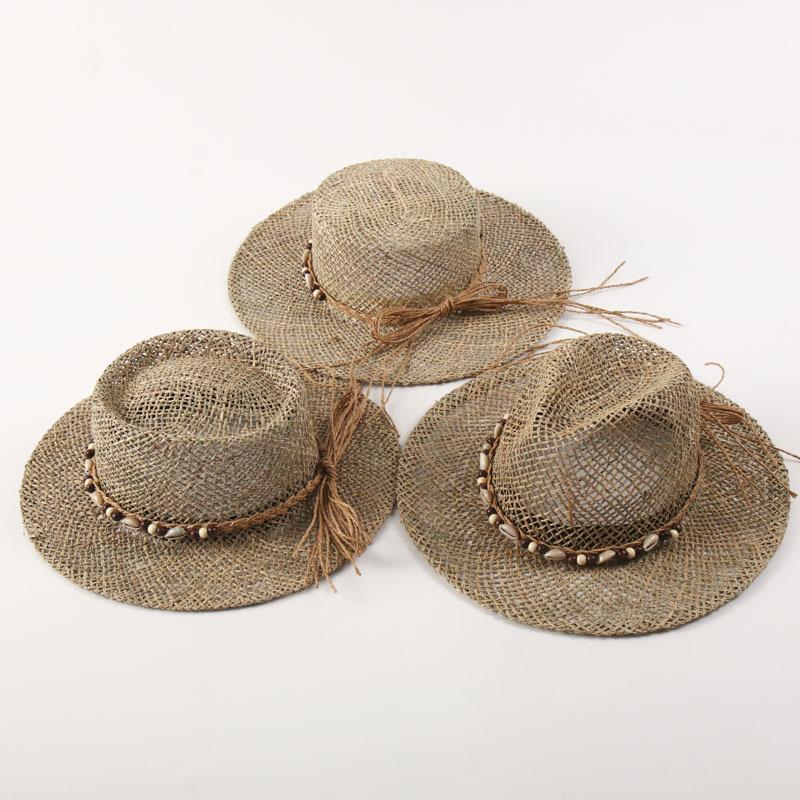 Cappelli Panama Estivi in Erba Marina per Donna Cappello da Sole con Fascia in Guscio di Pelle Cappello Fedora in Paglia a Tesa Piatta Designer Cappello per Festa Viaggio Spiaggia