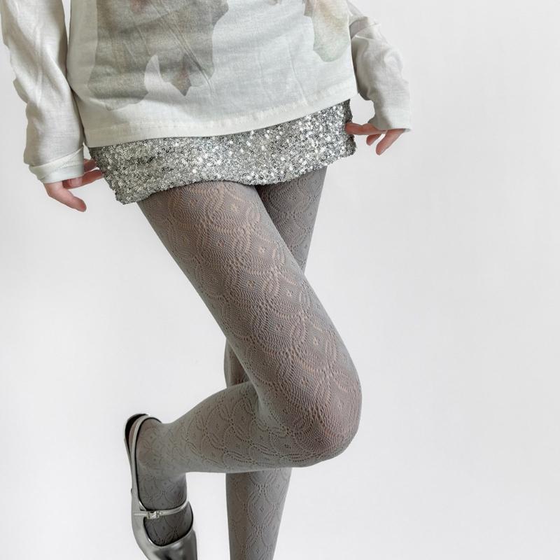 Womens Nylon Sheer Pantyhose Lace Detailing Slimming Pantyhose Solid Color Hollowout Geometric Pattern Stockings Hosiery