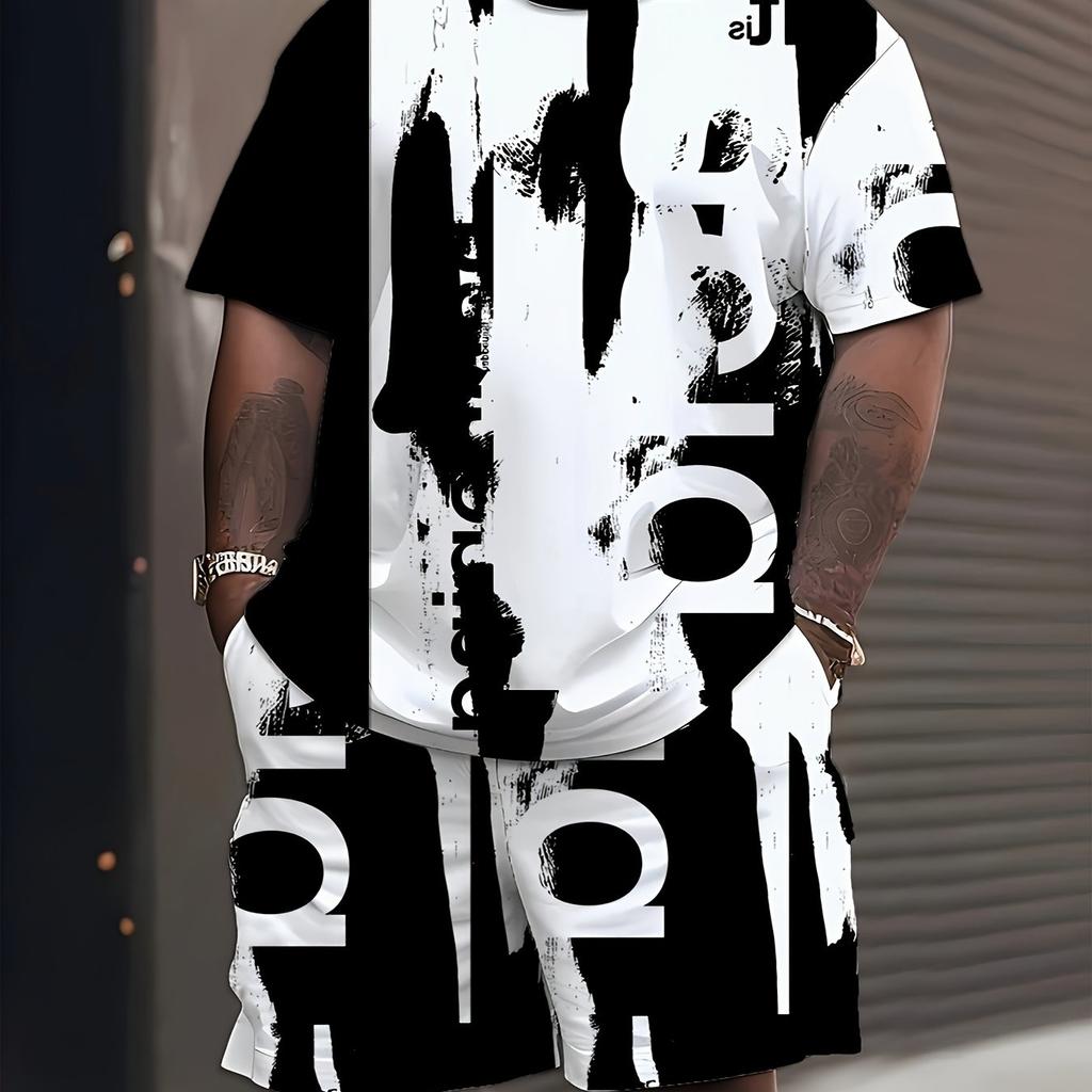 Men's Black White Color Block 2-Piece Streetwear Set