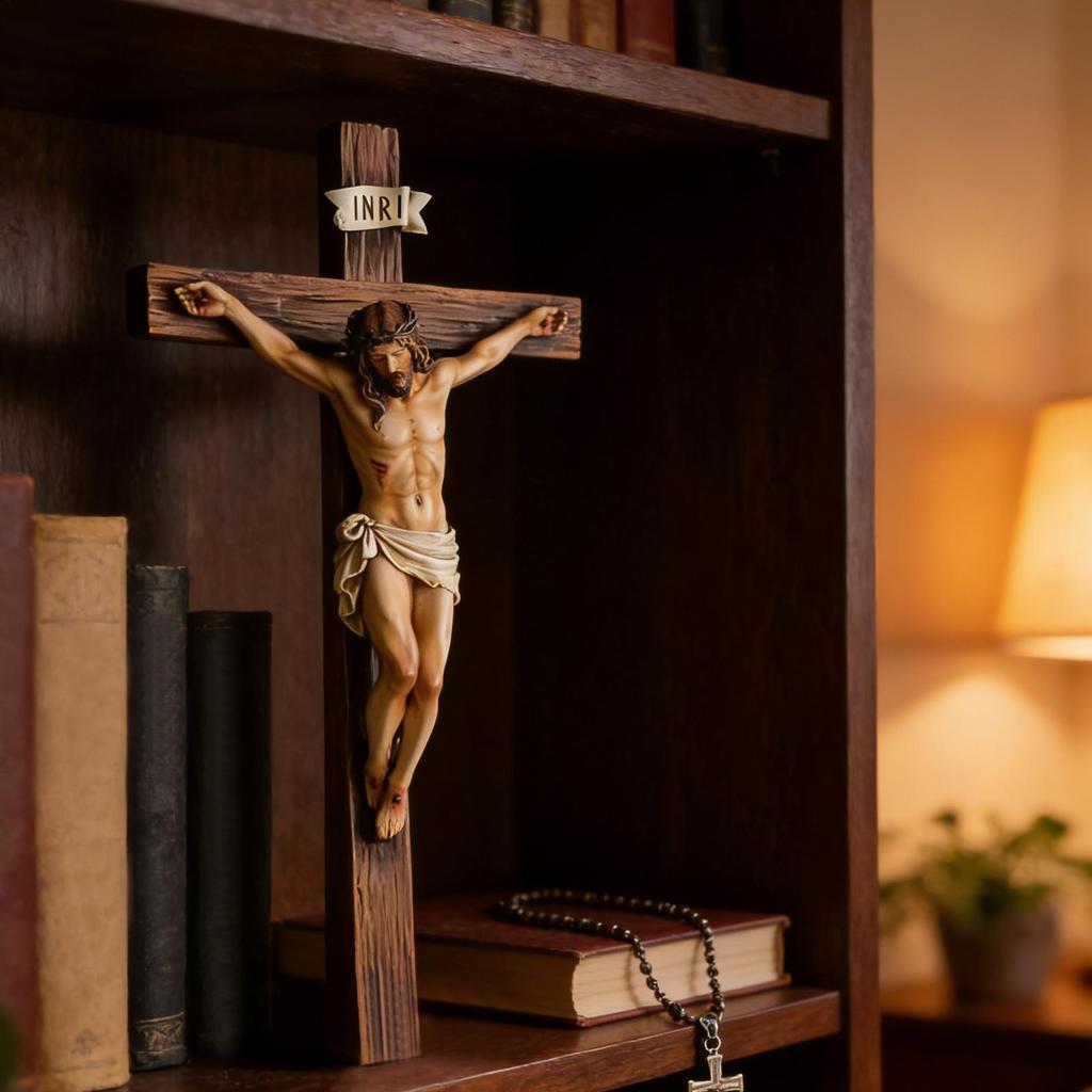 Náboženský kříž Ježíše Krista Krucifix socha pro křesťanské domácí dekorace Svatý katolický figurka řemesla Nástěnná závěsná ozdoba