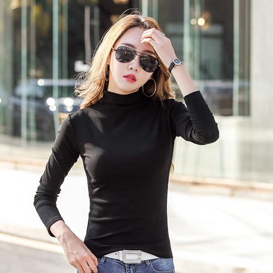 

Осенне-зимняя женская футболка с высоким воротником и длинным рукавом, рубашка с теплой подошвой, корейская версия, облегающая эластичная модная женская одежда S чёрный