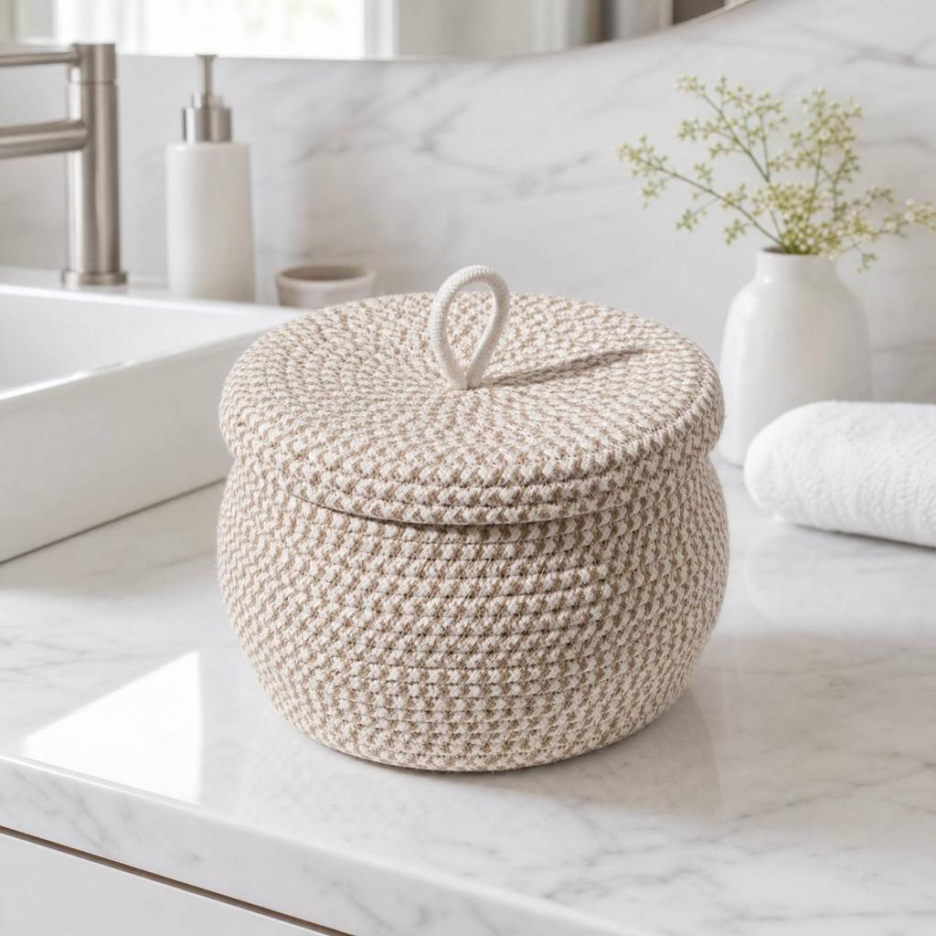 Braided Cotton Storage Basket with Lid for Dressing Areas, Living Areas