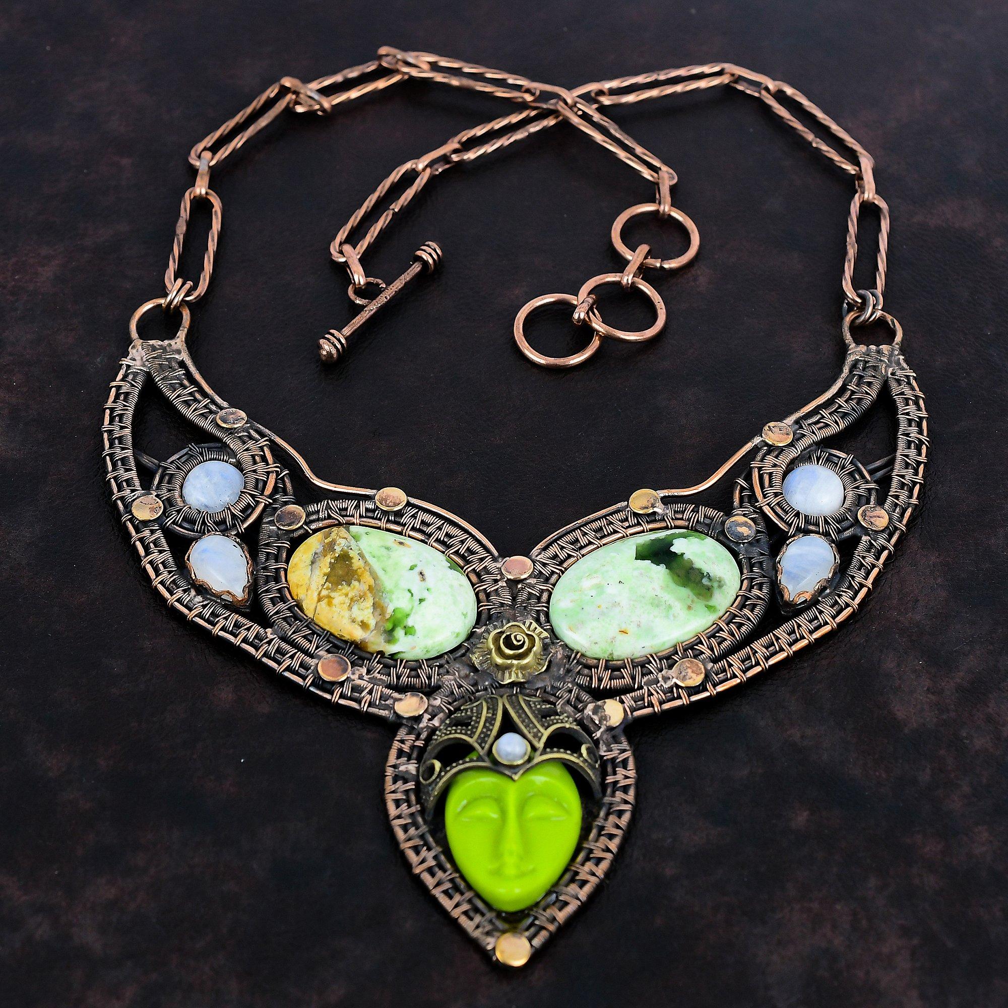 

Green Carved Bone Face Gemstone Necklace Copper Wire Wrapped Adjustable Chain Necklace Australian Chrome Chalcedony & Moonstone Necklace Adjustable