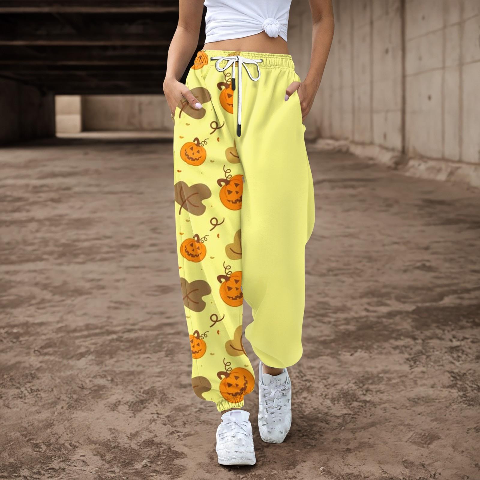 

Женские повседневные брюки с принтом на Хэллоуин, эластичные брюки с завязками на талии S жёлтый