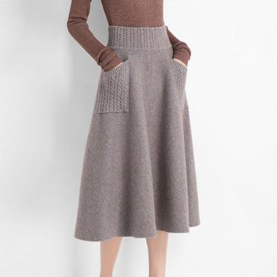 Women Fall Winter Medium Length Elastic High Waist Knitted Skirt Thick Soft Warm Solid Color Loose Big Swing Pocket A-line Skirts