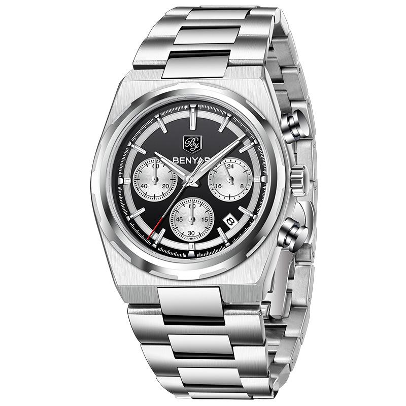 Benyar Men's fashionable multifunctional waterproof calendar night light business steel strip quartz men's watch