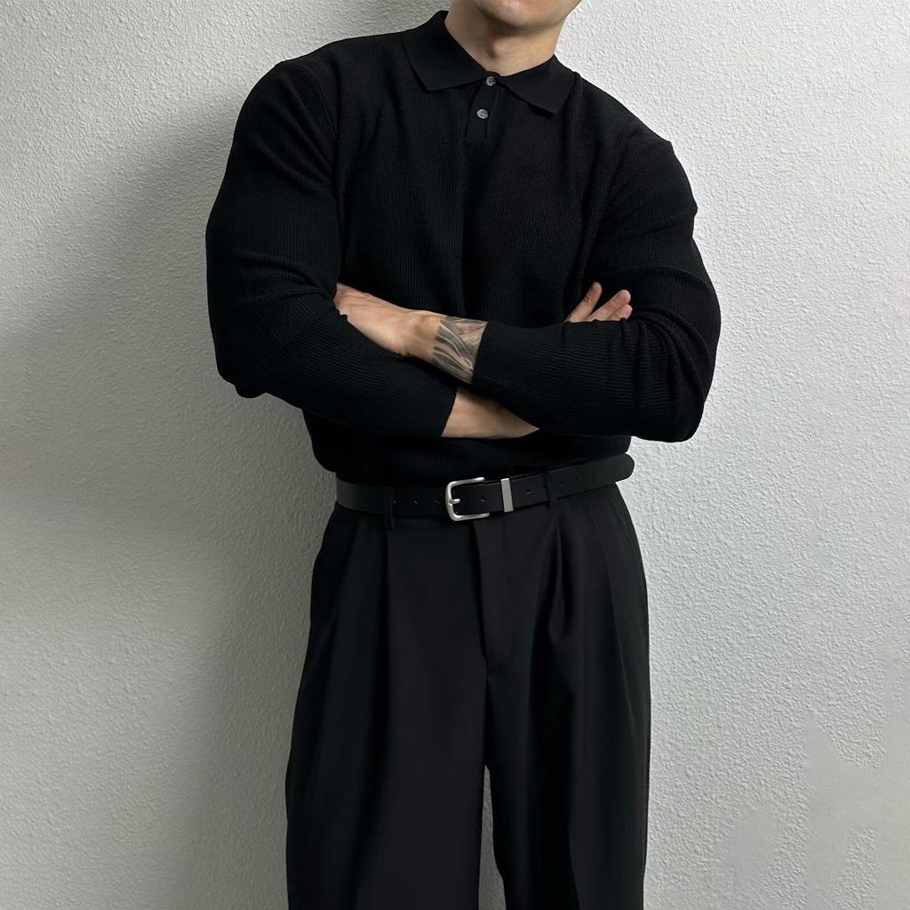 Polo en maille tendance décontracté haut de gamme pour homme à manches longues - Style coréen Printemps/Automne, Pull ample légèrement mature et polyvalent