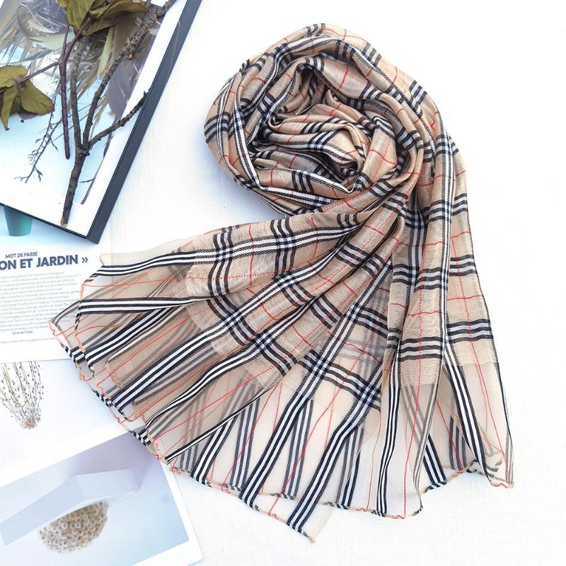 New Checkered Silk Scarf for Women, Solid Color Sunscreen Shawl Gold Thread Mulberry Silk Scarf for Women