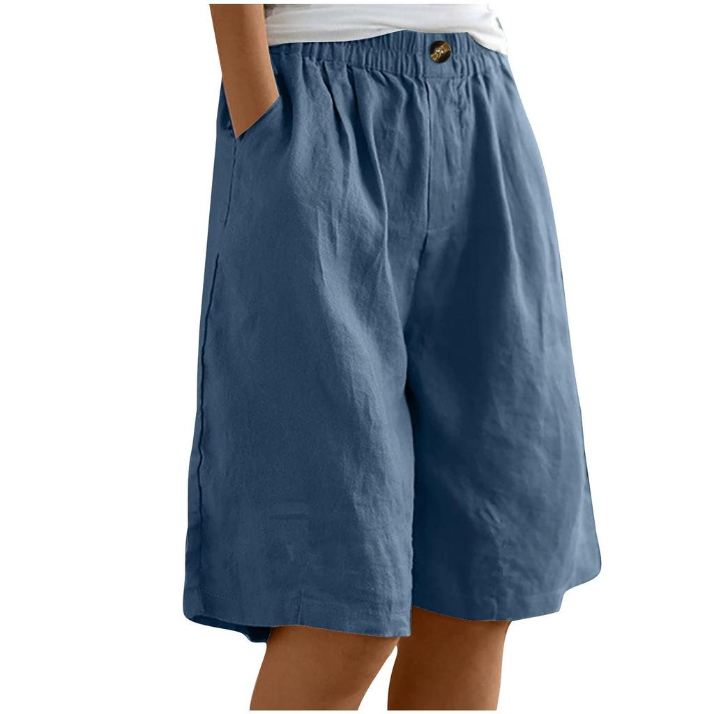 Female Summer Solid Color Simple Cotton Linen Shorts Button High Waist Loose Five Pants