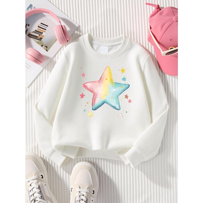 Girls' Crewneck Sweatshirt Colorful Star Pattern Print Design Machine Washable, Spring And Autumn, Sportswear And Casual Wear, Soft And Comfortable