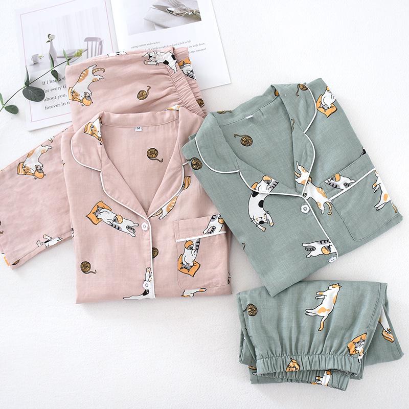 Unisex Japanischer Baumwollgaze Pyjama Set: Süße, dünne, langärmlige Homewear für alle Jahreszeiten.