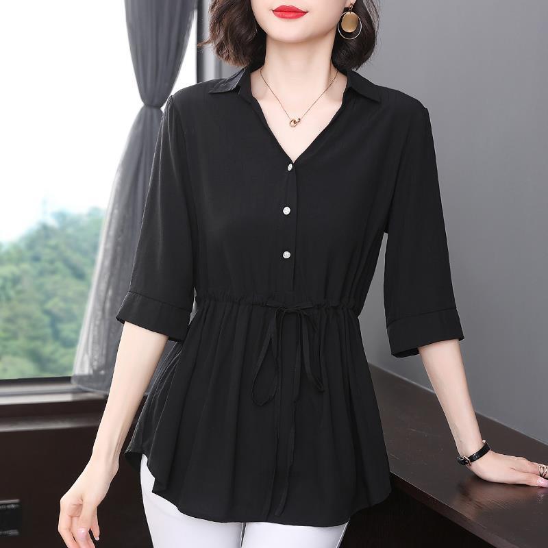 Women's Short Sleeved Shirt Mid Sleeved Summer Loose Top Black Plus Size Medium Long Shirt