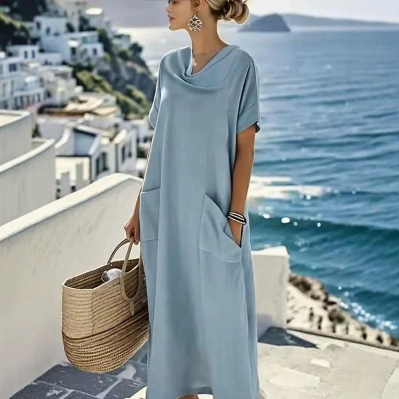 Womens Loose Short Sleeve Asymmetrical Neck Maxi Dress With 3D Print Plus Size Comfortable Casual Skirt
