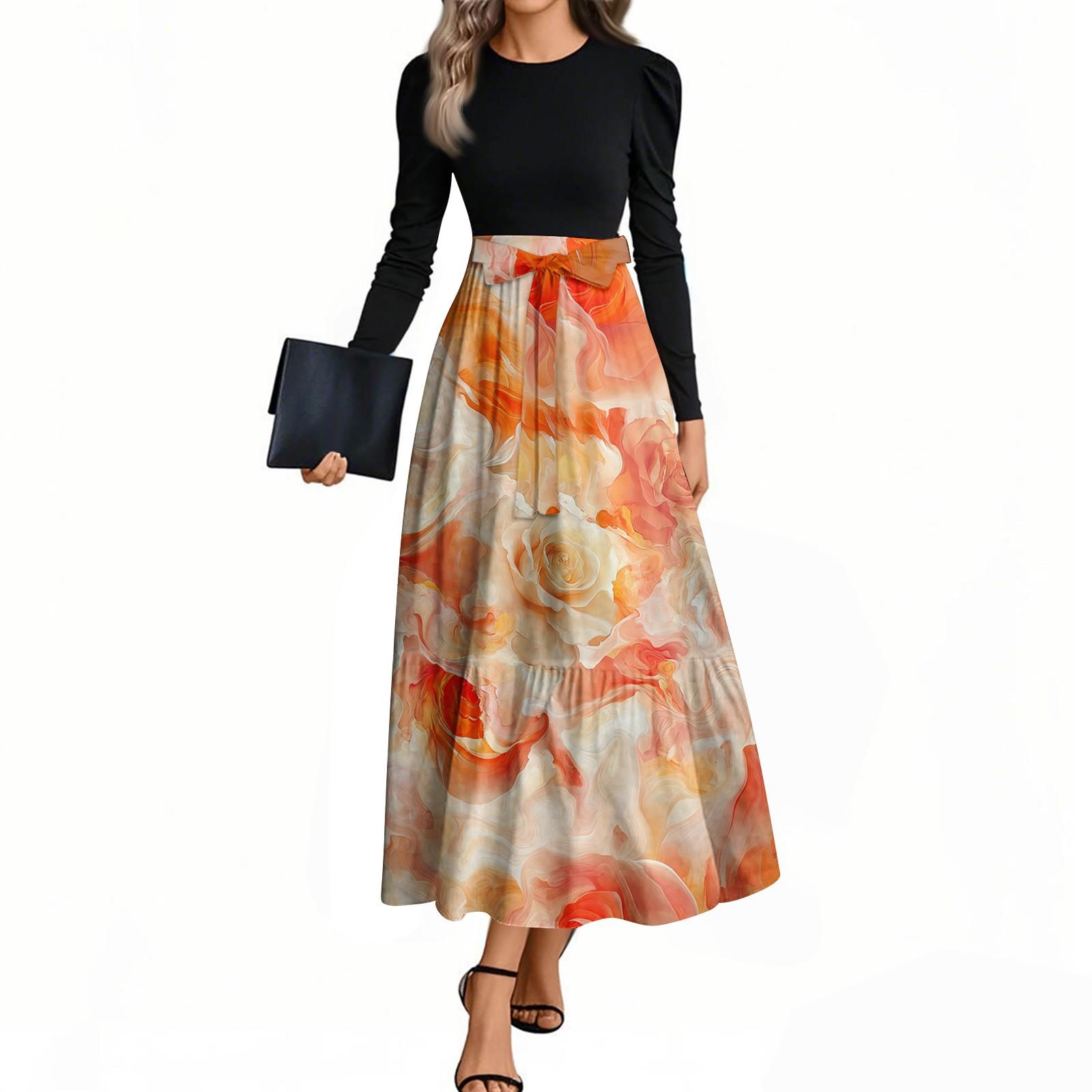 

Женские модные повседневные платья с поясом, с длинным рукавом, круглым вырезом, с цветочным принтом, элегантные, с темпераментом XXL оранжевый