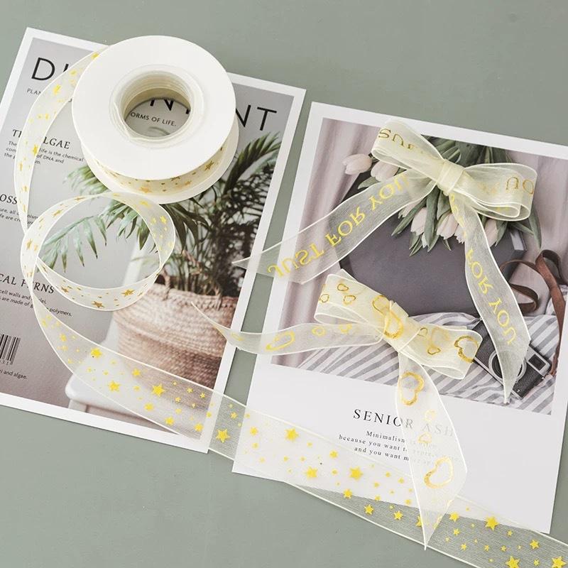 10Yards/Roll Hair Bows DIY Craft Gold Foil Snow Yarn for Gift Wrapping 2.5cm Organza Ribbon Printed Silk Ribbons