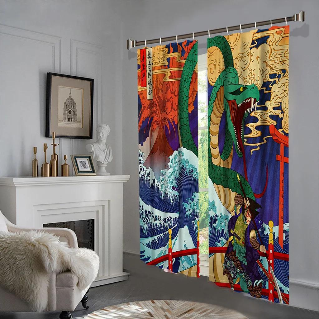 Japanese Style Wave Sun Samurai Manga Caricature Animation Light Filtering Drapes 2 Panelss Thin Window Drapes For Bedroom Space Living Space