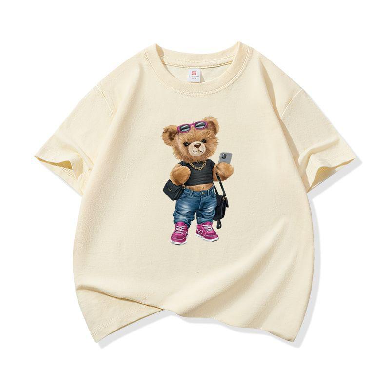 Trendy Girl Bear With Sunglasses Graphic Tee Kids 100 Cotton Crew Neck Casual T Shirt Short Sleeve Muticolor Top For Girls Boys
