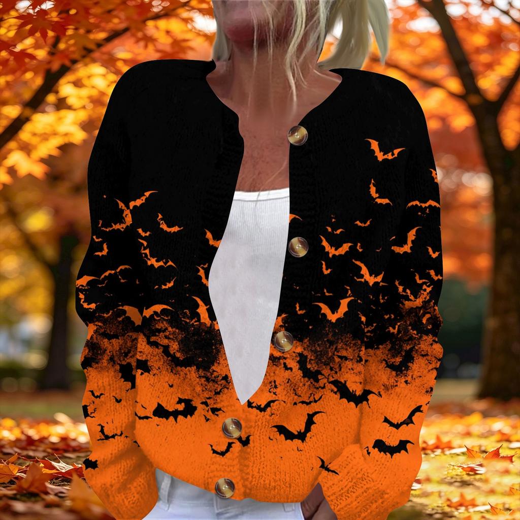 Women's Long Sleeve Knit Cardigan with Halloween Print Button Front for Fall Party