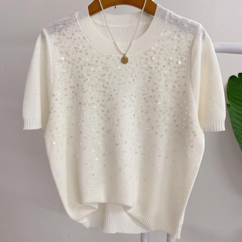 Honey J Creha Sequin Bead Round Short Sleeve Knit 3 Color