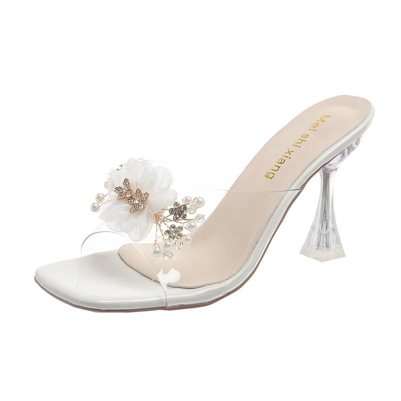 

Shoes Woman Transparent Flower High Heels Slippers for Women Summer Women s Crystal PVC Sandals Ladies Slippers Sandalias Mujer 35 бежевий