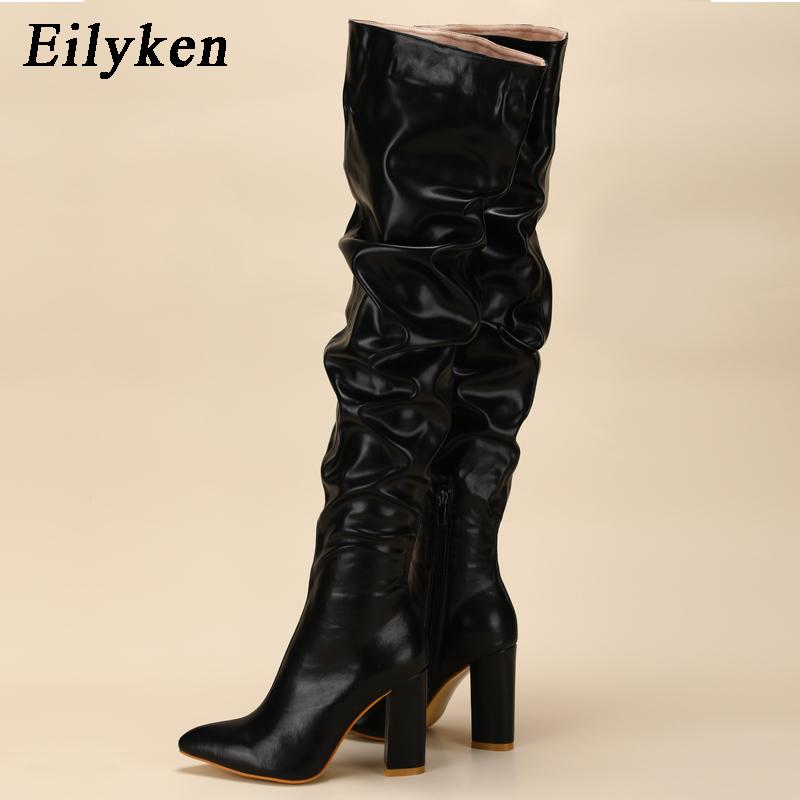 Fashion Eilyken Fashion White Pleated Women Over-the-Knee Boots Sexy Pointed Toe Square Heels Ladies Long Zipper Female Shoes