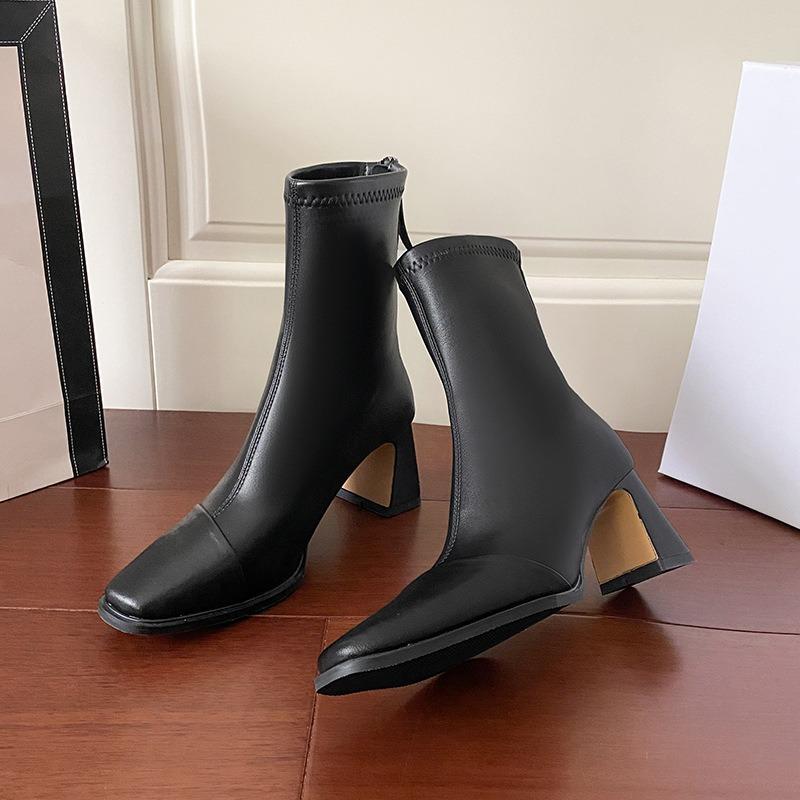 New black high-heeled thin boots women's thick-heeled elastic boots autumn and winter soft leather retro square head short boots